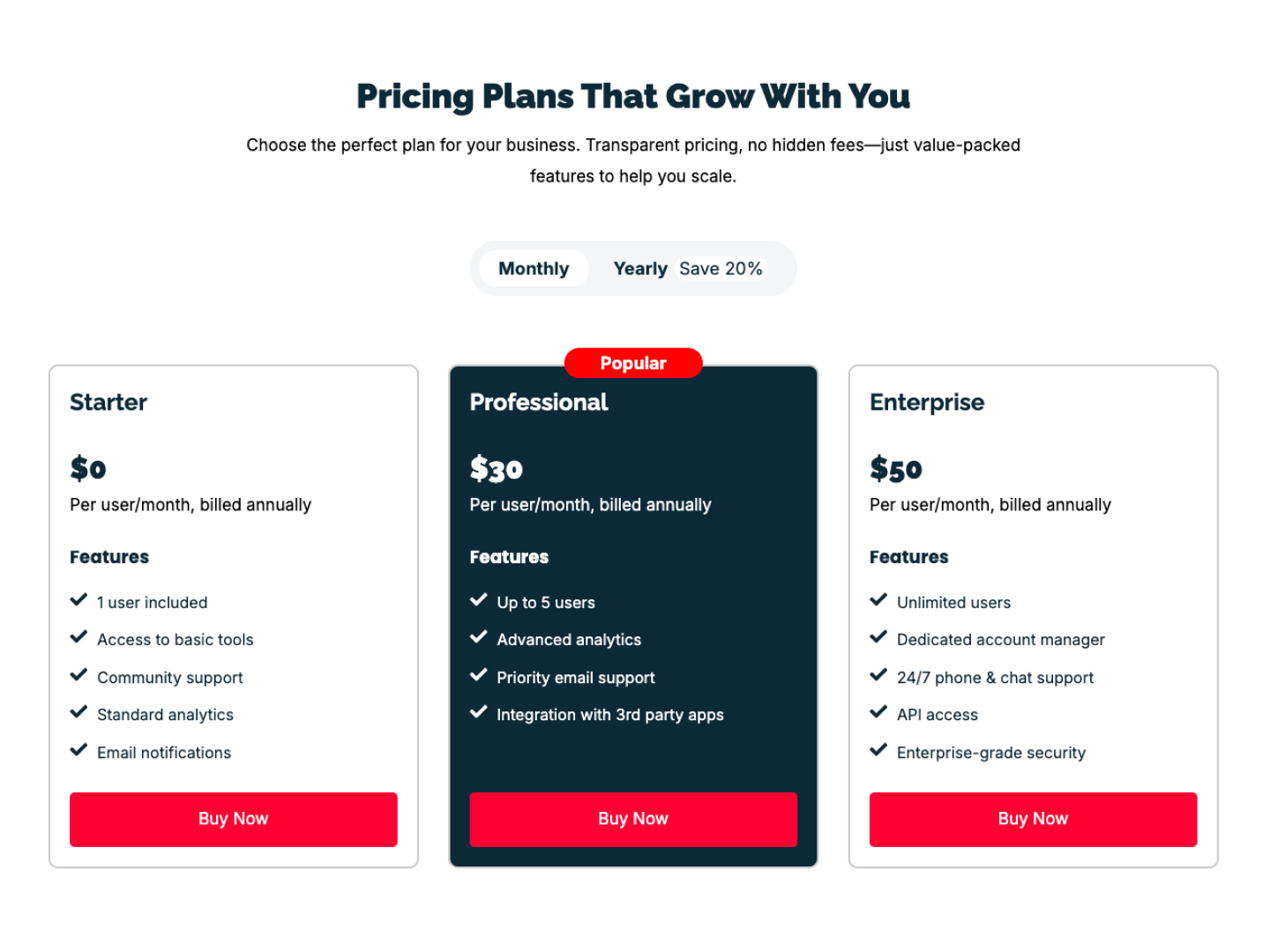 3-plan layout with dark “Popular” plan. Billing toggle. Bold design for better conversion.